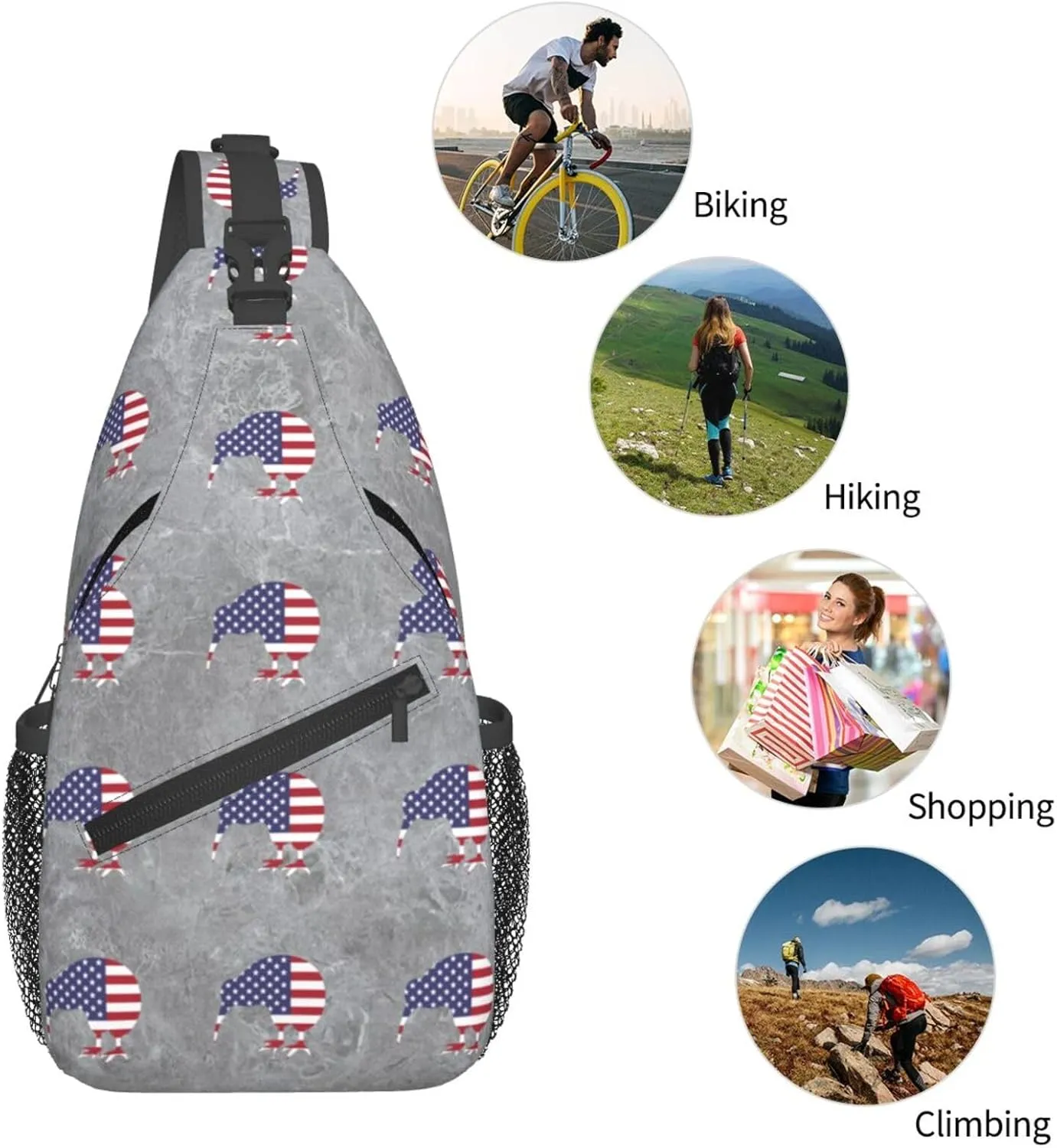 Kiwi Bird New Zealand USA Flag Sling Bag Crossbody Backpack Shoulder Casual Daypack Bag for Men Women