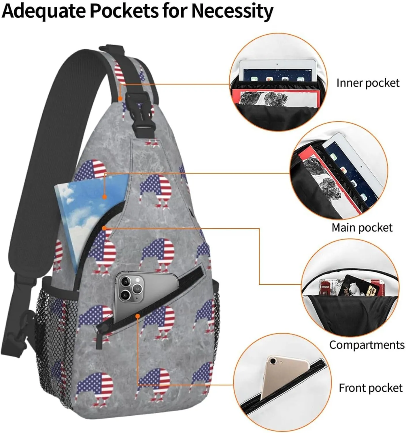Kiwi Bird New Zealand USA Flag Sling Bag Crossbody Backpack Shoulder Casual Daypack Bag for Men Women