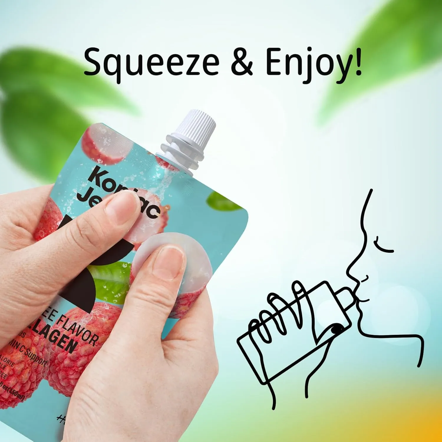 Konjac Jelly Lychee Flavor with Collagen Peptides, Low Calorie 10 Pouches Drinkable Litchi Jello, Vitamin C Light Snacks, Sugar Free, Keto, Gluten-Free, Healthy Food Gifts