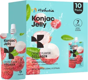 Konjac Jelly Lychee Flavor with Collagen Peptides, Low Calorie 10 Pouches Drinkable Litchi Jello, Vitamin C Light Snacks, Sugar Free, Keto, Gluten-Free, Healthy Food Gifts