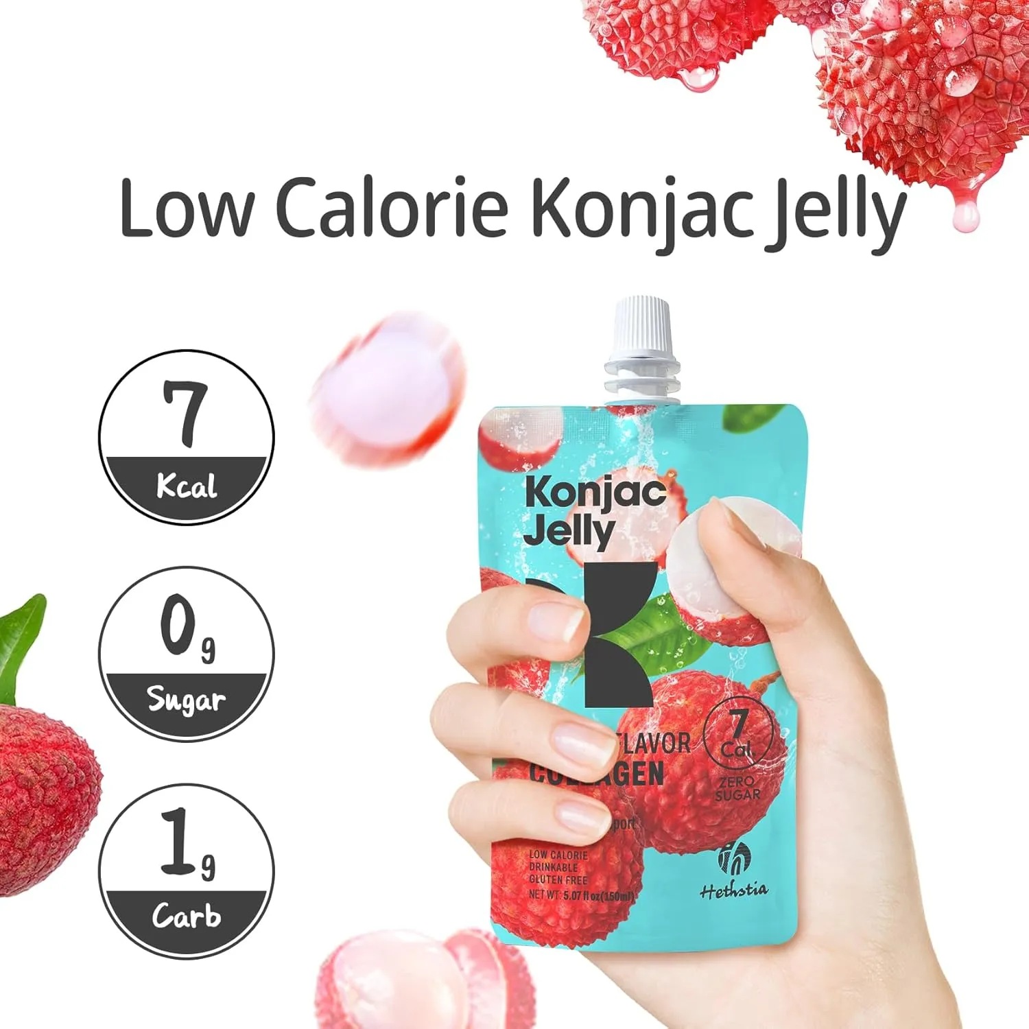 Konjac Jelly Lychee Flavor with Collagen Peptides, Low Calorie 10 Pouches Drinkable Litchi Jello, Vitamin C Light Snacks, Sugar Free, Keto, Gluten-Free, Healthy Food Gifts