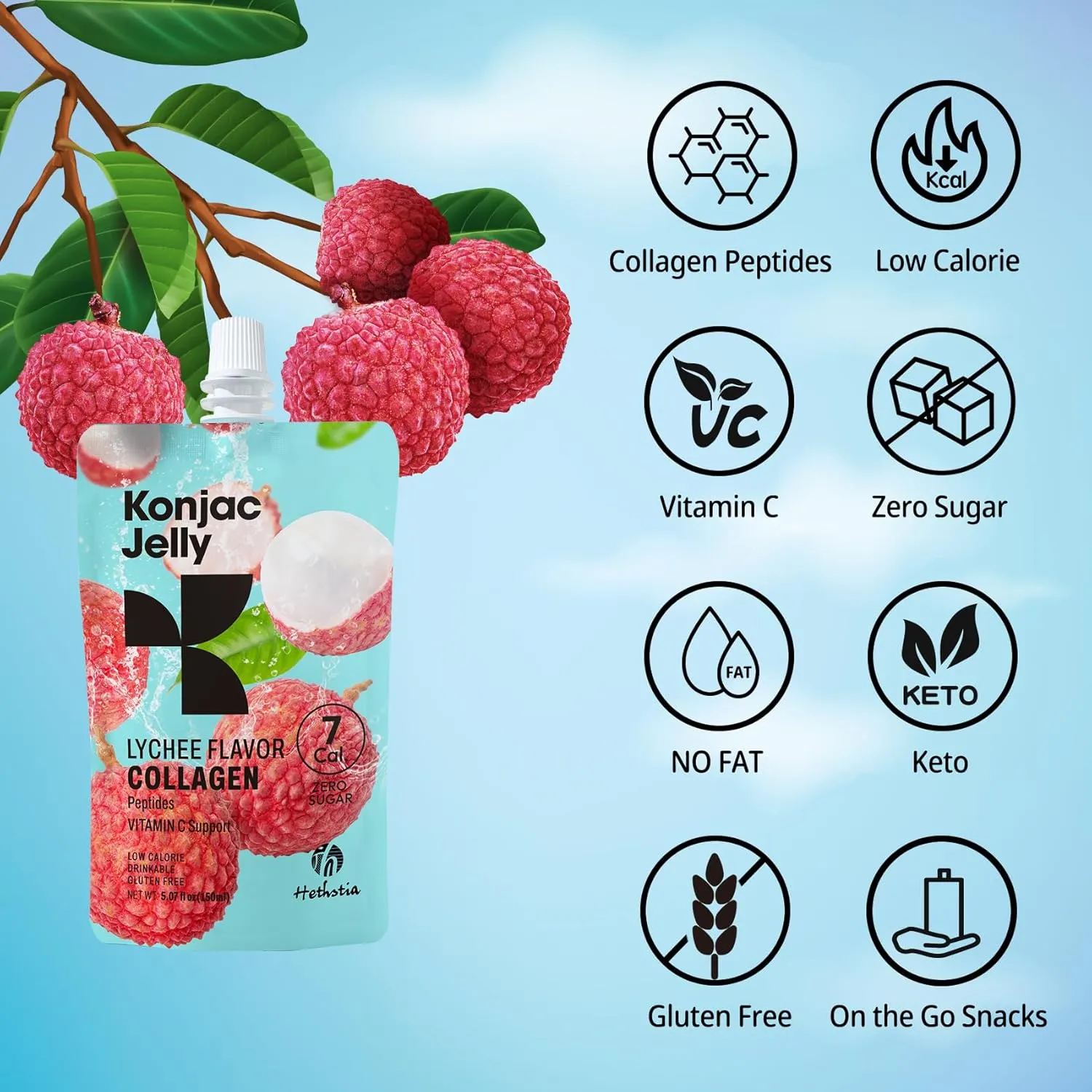 Konjac Jelly Lychee Flavor with Collagen Peptides, Low Calorie 10 Pouches Drinkable Litchi Jello, Vitamin C Light Snacks, Sugar Free, Keto, Gluten-Free, Healthy Food Gifts