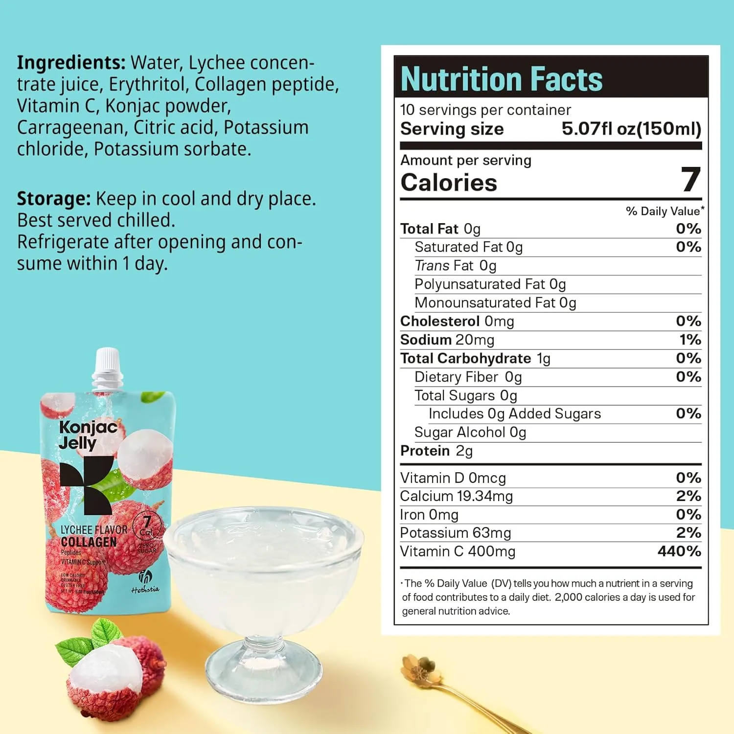 Konjac Jelly Lychee Flavor with Collagen Peptides, Low Calorie 10 Pouches Drinkable Litchi Jello, Vitamin C Light Snacks, Sugar Free, Keto, Gluten-Free, Healthy Food Gifts