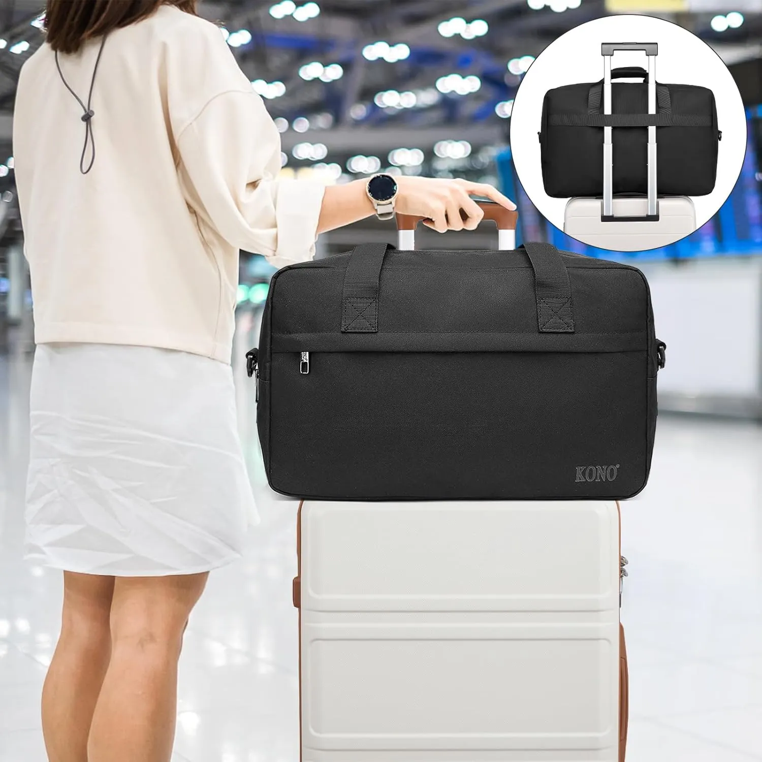 Kono Travel Duffel Bag 48L Large Carry-on Bag Sports Tote Gym Bag Weekender Overnight Bags for Men Women 21.65"x13.78"x9.84" Black