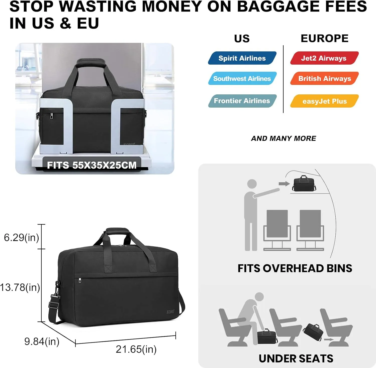 Kono Travel Duffel Bag 48L Large Carry-on Bag Sports Tote Gym Bag Weekender Overnight Bags for Men Women 21.65"x13.78"x9.84" Black