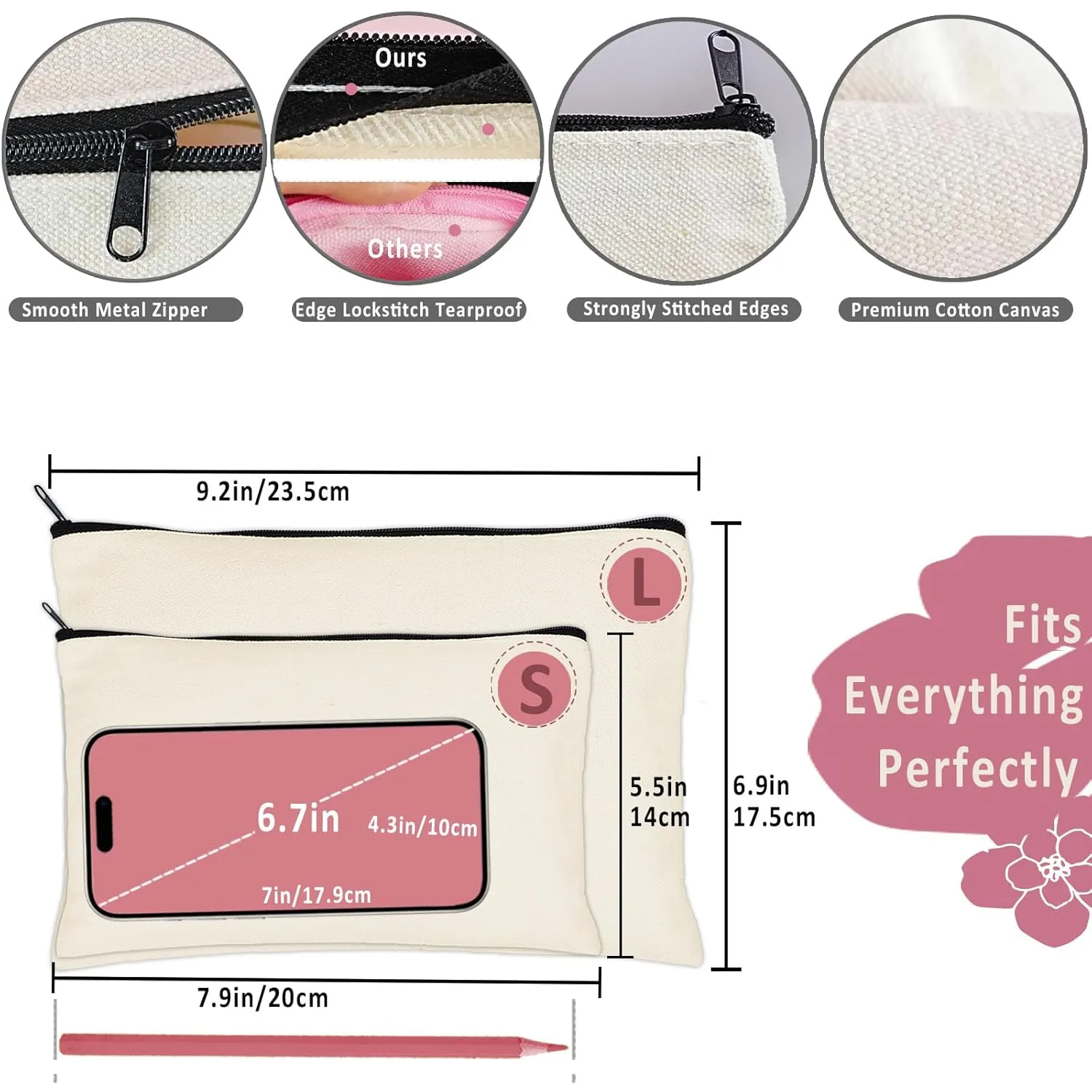 Koolmox 20 Canvas Pouches with Zipper 8 x 5, Cotton Canvas Toiletry Pouch, Bulk Plain Cosmetic Bags for Women Pencil Case Vinyl Projects Crafts, Beige Make Up Pouches with Black Zippers