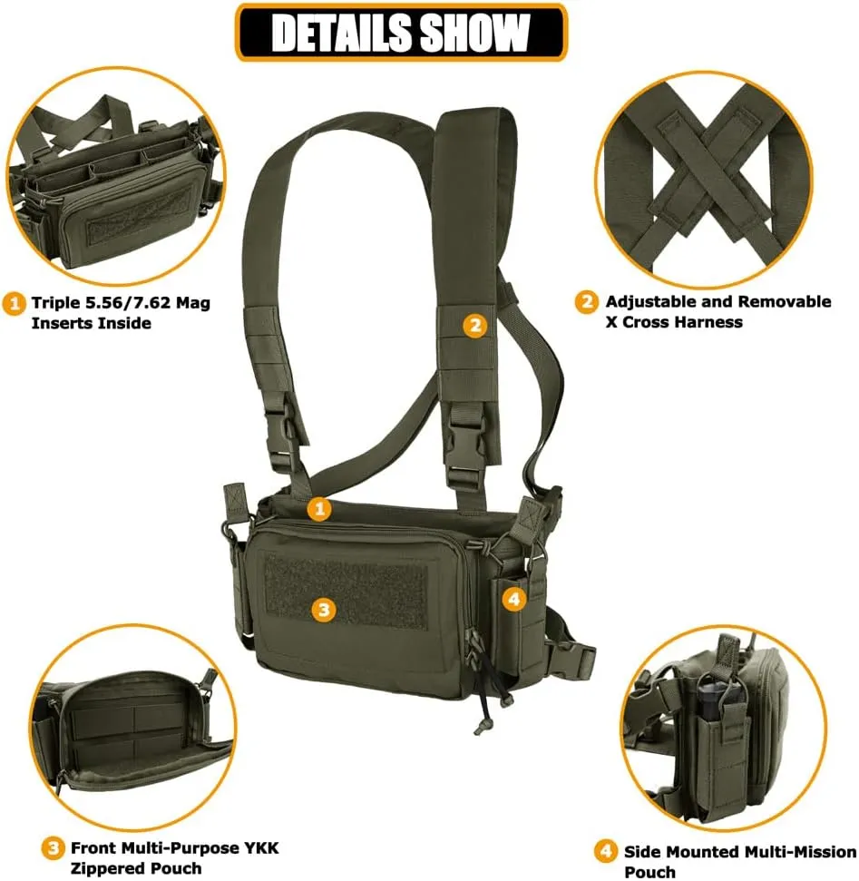 KRYDEX Tactical Chest Rig with Triple 5.56/7.62 Mag Pouch Insert 9mm Mag Pouches and X Harness