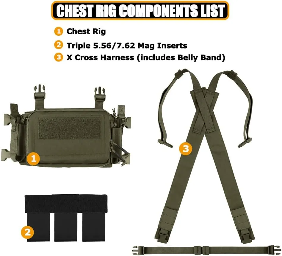 KRYDEX Tactical Chest Rig with Triple 5.56/7.62 Mag Pouch Insert 9mm Mag Pouches and X Harness