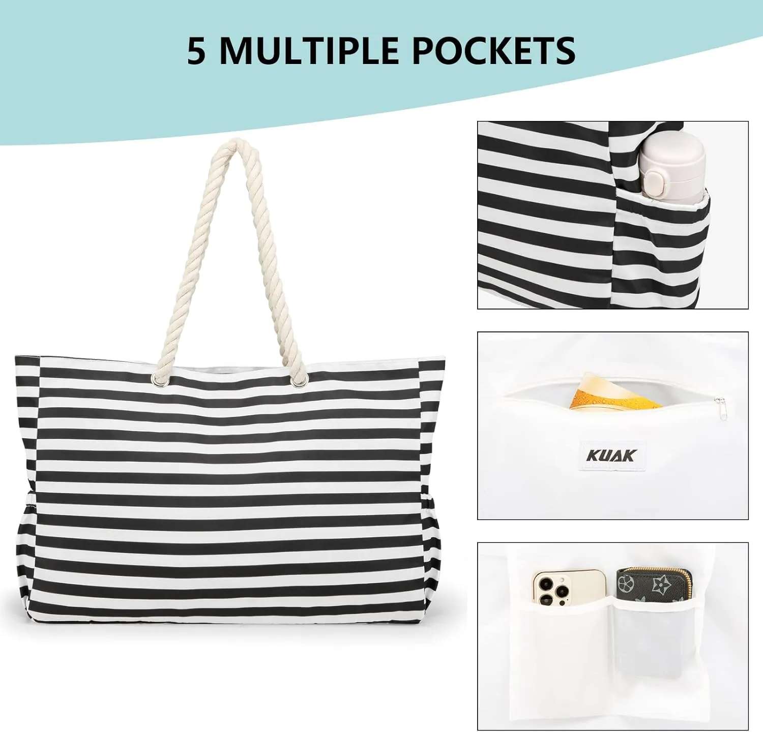 KUAK Beach Bag, Large Beach Bags for Women Waterproof Sandproof Beach Tote Bag with Zipper and Pockets for Pool Family
