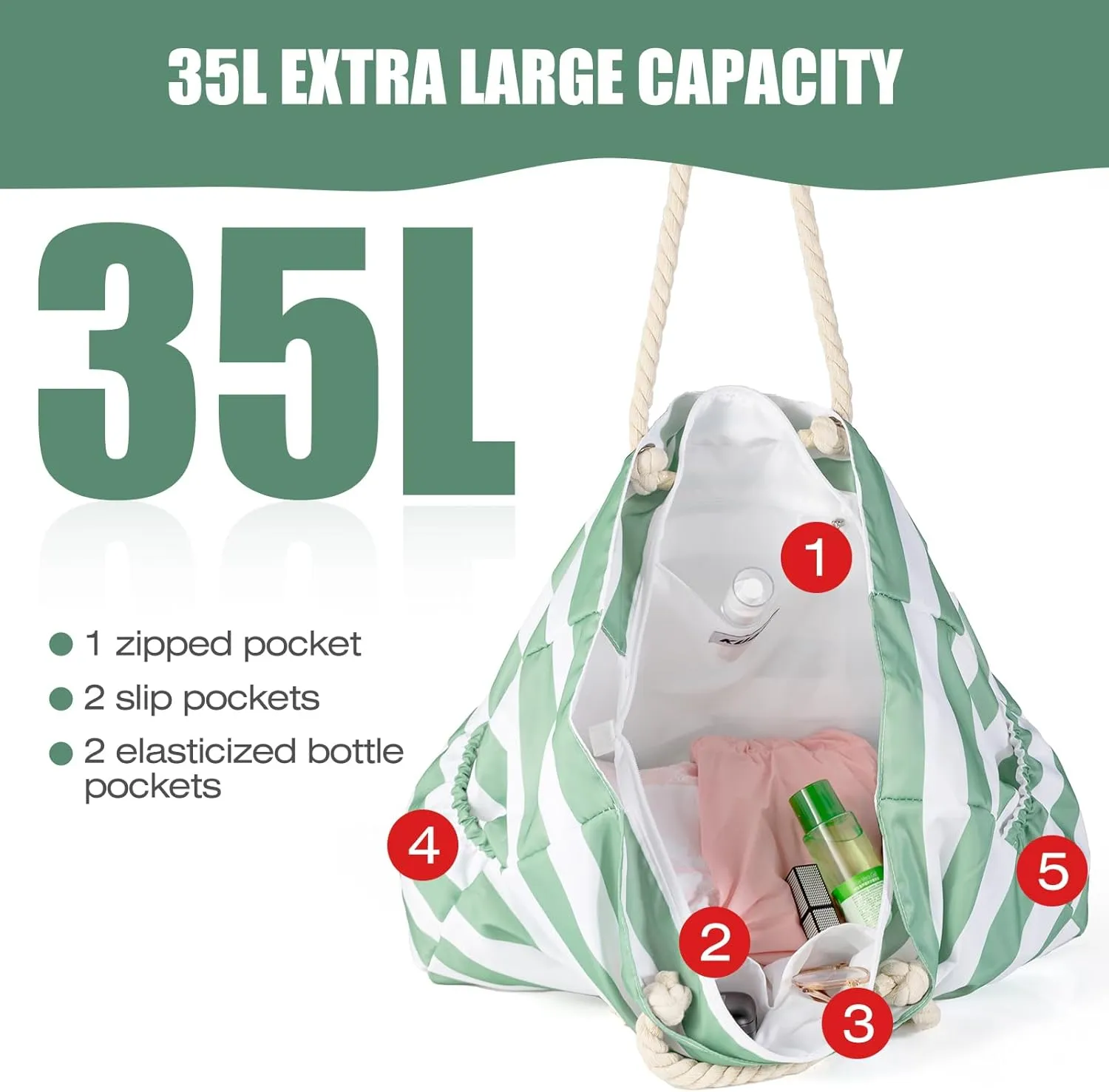KUAK Beach Bag, Large Beach Bags for Women Waterproof Sandproof Beach Tote Bag with Zipper and Pockets for Pool Family