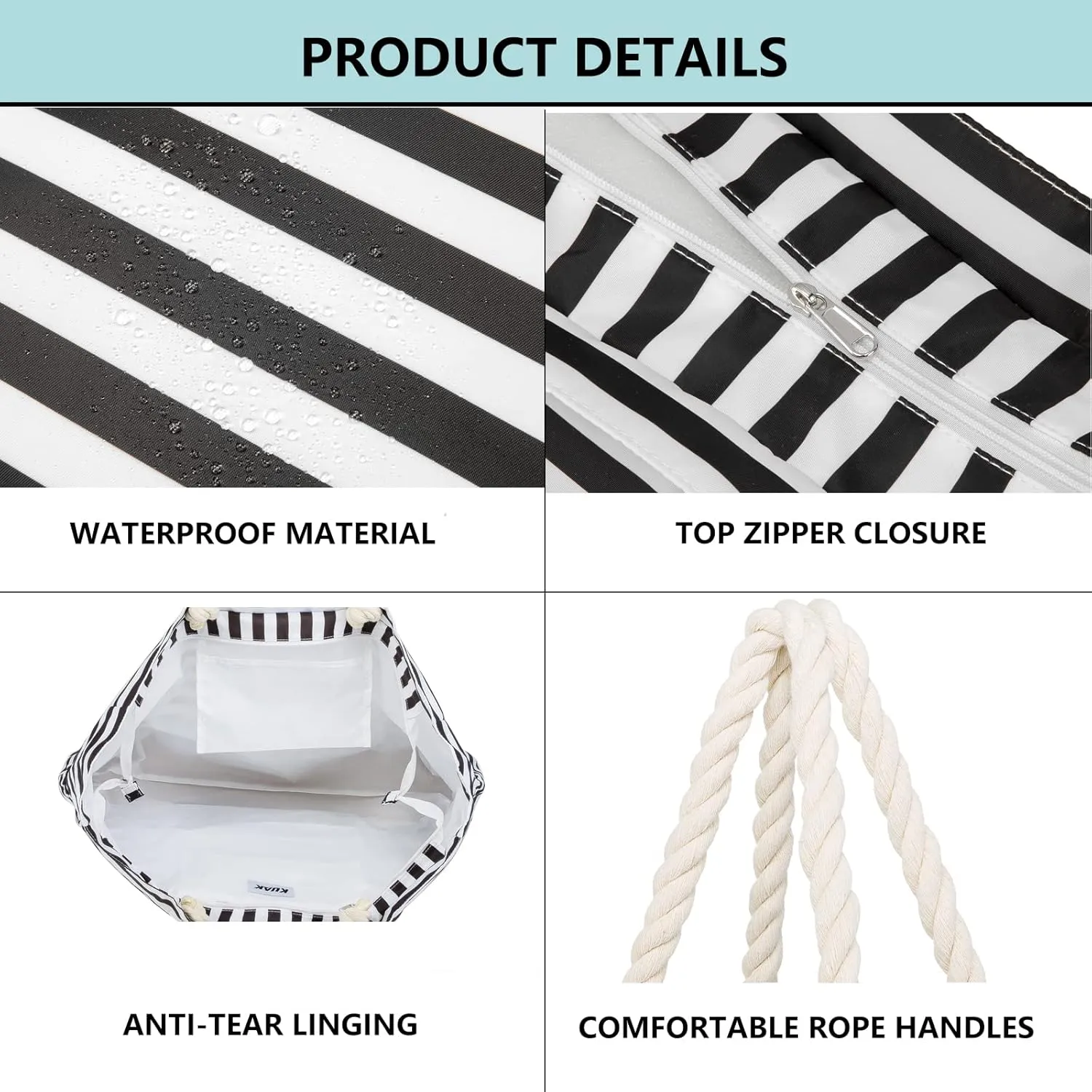 KUAK Beach Bag, Large Beach Bags for Women Waterproof Sandproof Beach Tote Bag with Zipper and Pockets for Pool Family