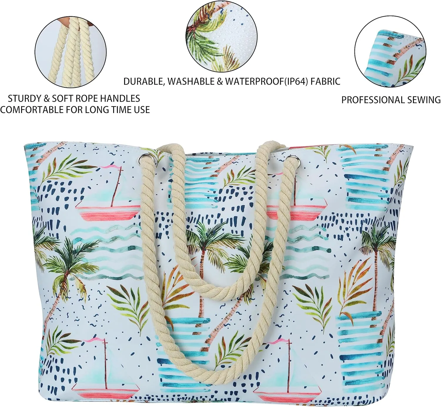 KUAK Beach Bags for Women Extra Large Beach Tote Bag with Top Zipper, 3 Inner Pockets Waterproof Sandproof Swim Pool Bag