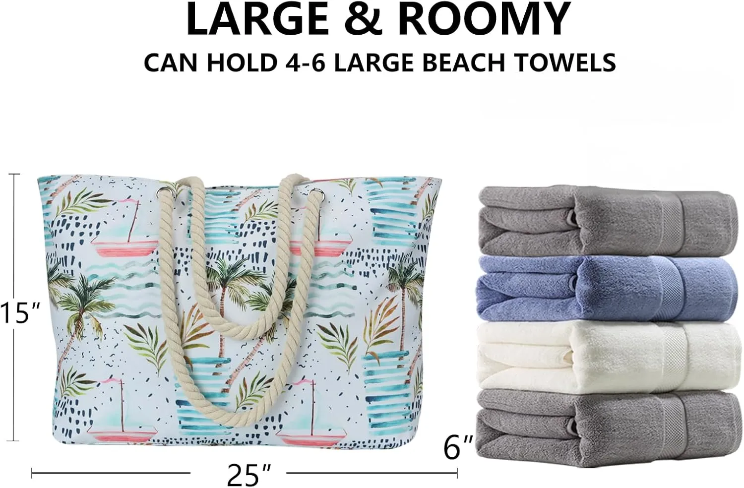 KUAK Beach Bags for Women Extra Large Beach Tote Bag with Top Zipper, 3 Inner Pockets Waterproof Sandproof Swim Pool Bag