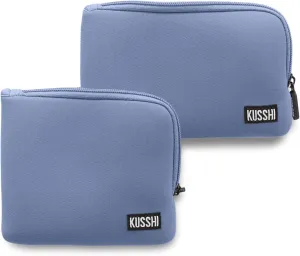 KUSSHI 2pc Neoprene On-The-Go Pouch Set - Passport Holder and Travel Zipper Makeup Pouch for Purse Organization, Electronics, Glasses & Valuables (Pearl Blue)