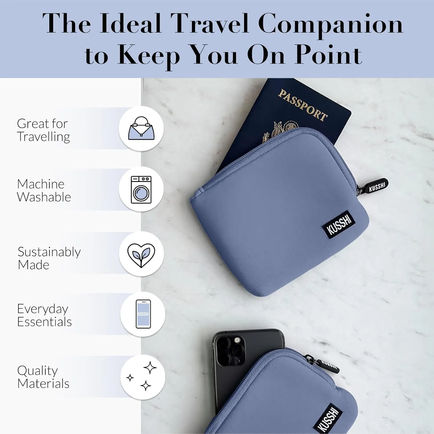KUSSHI 2pc Neoprene On-The-Go Pouch Set - Passport Holder and Travel Zipper Makeup Pouch for Purse Organization, Electronics, Glasses & Valuables (Pearl Blue)