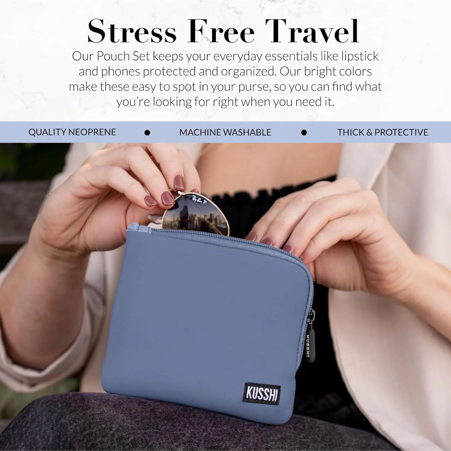 KUSSHI 2pc Neoprene On-The-Go Pouch Set - Passport Holder and Travel Zipper Makeup Pouch for Purse Organization, Electronics, Glasses & Valuables (Pearl Blue)
