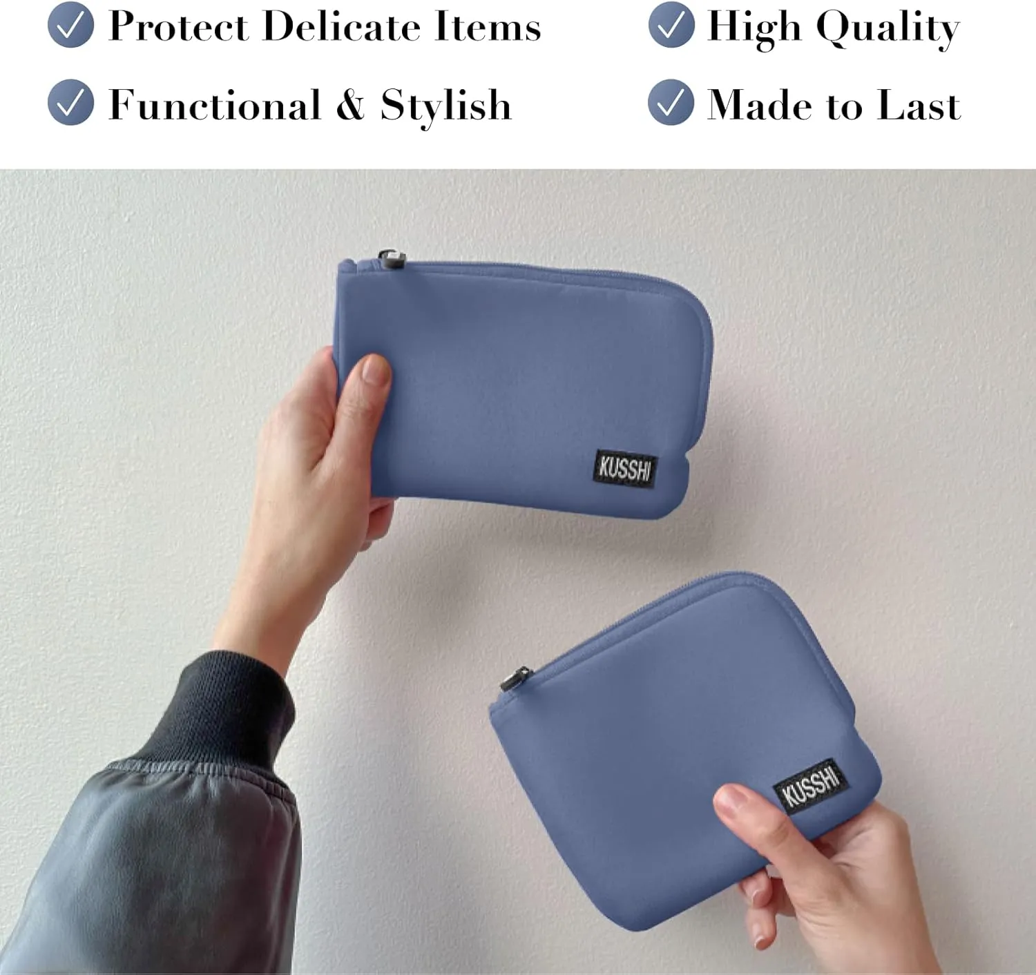 KUSSHI 2pc Neoprene On-The-Go Pouch Set - Passport Holder and Travel Zipper Makeup Pouch for Purse Organization, Electronics, Glasses & Valuables (Pearl Blue)