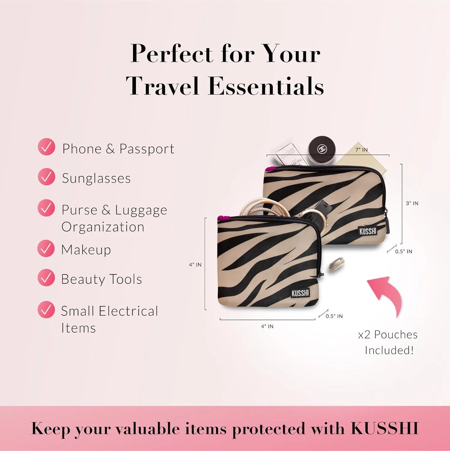 KUSSHI 2pc Neoprene On-The-Go Pouch Set - Passport Holder and Travel Zipper Makeup Pouch for Purse - Small Purse Pouch for Organization, Electronics, Glasses & Valuables (Zebra)