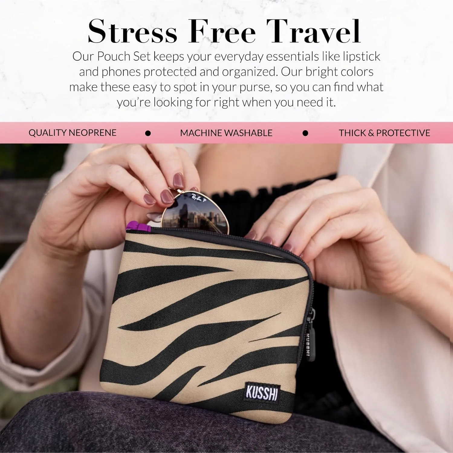 KUSSHI 2pc Neoprene On-The-Go Pouch Set - Passport Holder and Travel Zipper Makeup Pouch for Purse - Small Purse Pouch for Organization, Electronics, Glasses & Valuables (Zebra)