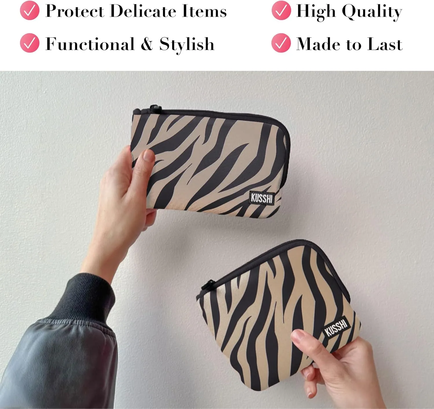 KUSSHI 2pc Neoprene On-The-Go Pouch Set - Passport Holder and Travel Zipper Makeup Pouch for Purse - Small Purse Pouch for Organization, Electronics, Glasses & Valuables (Zebra)