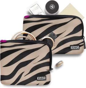 KUSSHI 2pc Neoprene On-The-Go Pouch Set - Passport Holder and Travel Zipper Makeup Pouch for Purse - Small Purse Pouch for Organization, Electronics, Glasses & Valuables (Zebra)