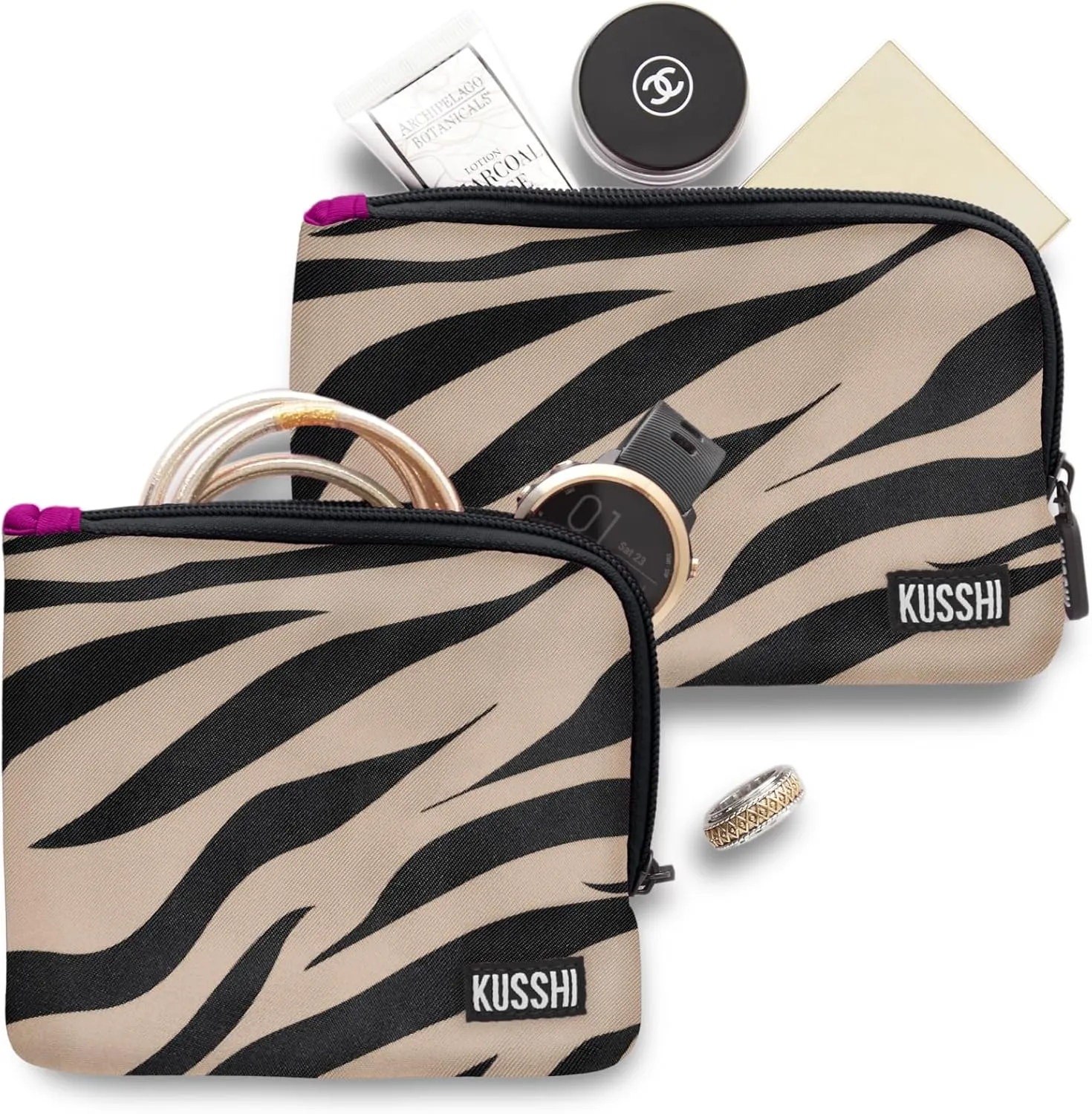 KUSSHI 2pc Neoprene On-The-Go Pouch Set - Passport Holder and Travel Zipper Makeup Pouch for Purse - Small Purse Pouch for Organization, Electronics, Glasses & Valuables (Zebra)