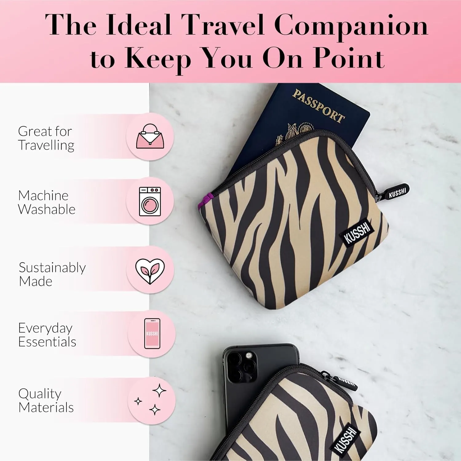 KUSSHI 2pc Neoprene On-The-Go Pouch Set - Passport Holder and Travel Zipper Makeup Pouch for Purse - Small Purse Pouch for Organization, Electronics, Glasses & Valuables (Zebra)
