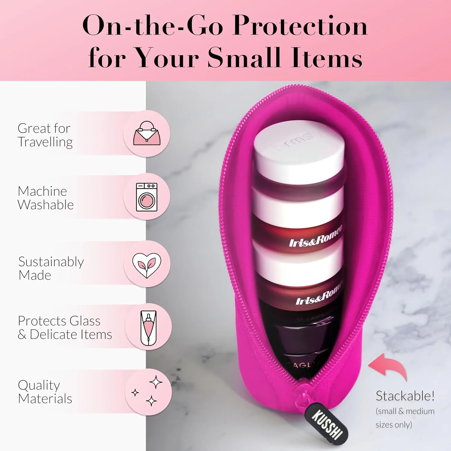 KUSSHI Neoprene Mini Makeup Pouch for Purse and Travel - Small Travel Pouch for Delicate Bottles and Beauty Items - For Foundations, Serums, Perfumes and More - Small Purse Pouch (Size M, Pink)
