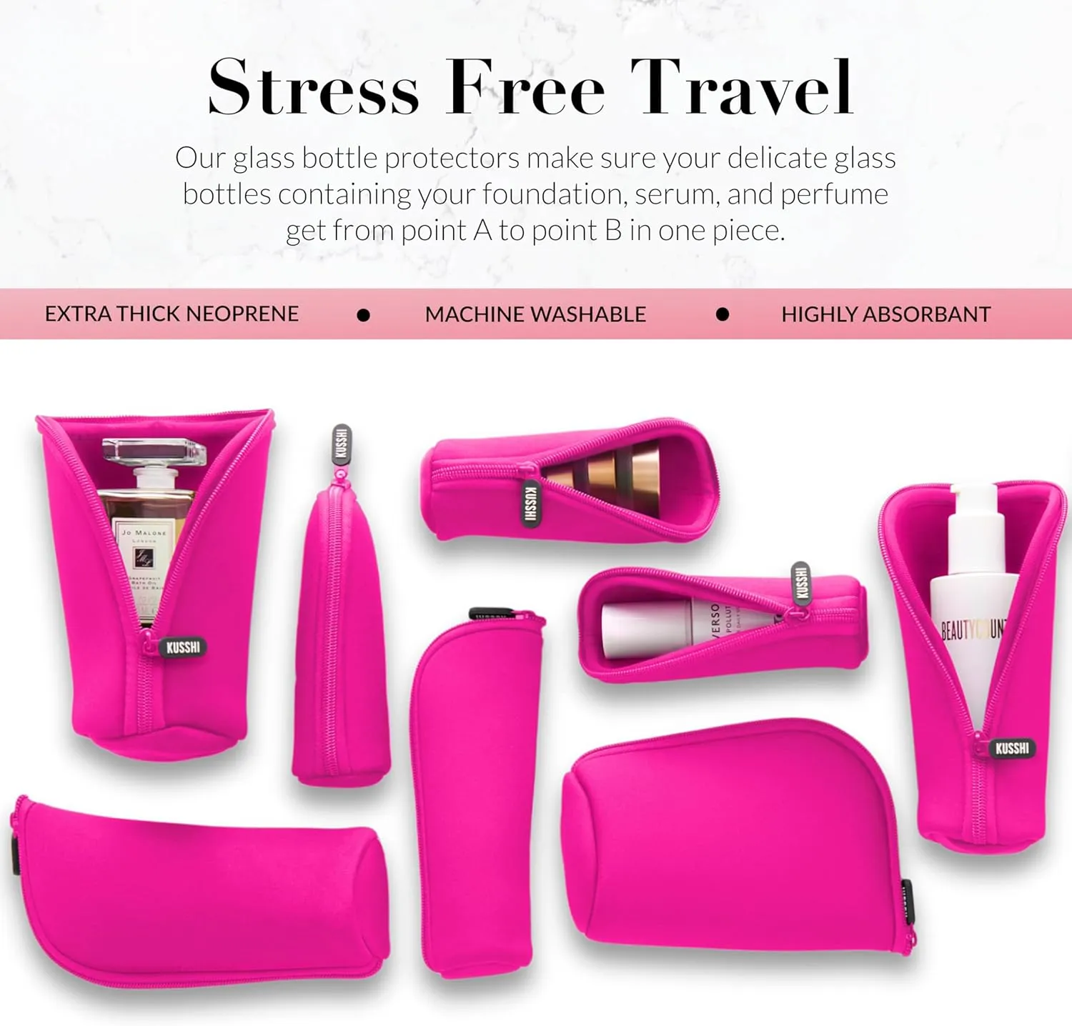 KUSSHI Neoprene Mini Makeup Pouch for Purse and Travel - Small Travel Pouch for Delicate Bottles and Beauty Items - For Foundations, Serums, Perfumes and More - Small Purse Pouch (Size M, Pink)