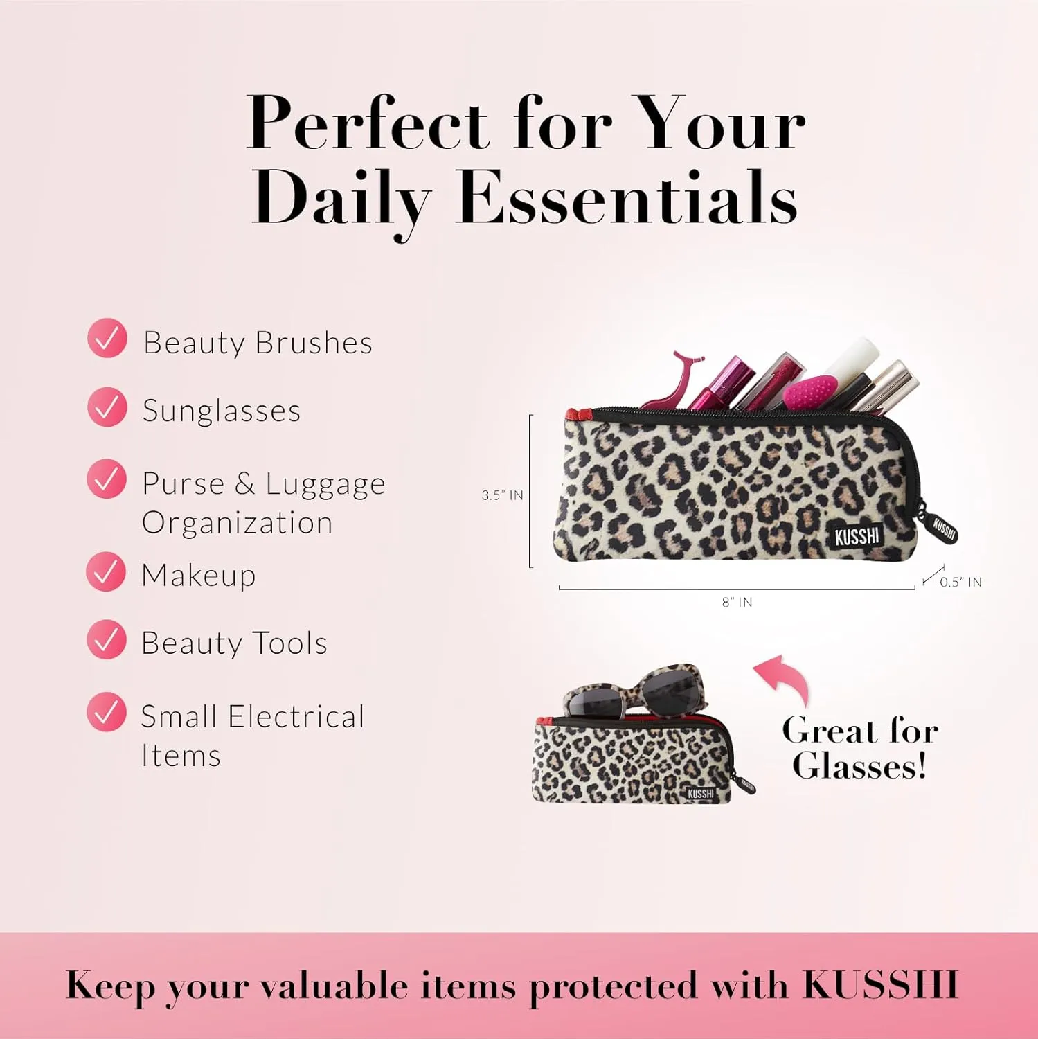 KUSSHI Neoprene Zipper Makeup Brush Pouch and Travel Pencil Case for Beauty Tools, Pencils, Brushes & Small Accessories - Makeup Brush Bag Pouch for Organization and Travel Items (Leopard/Red)