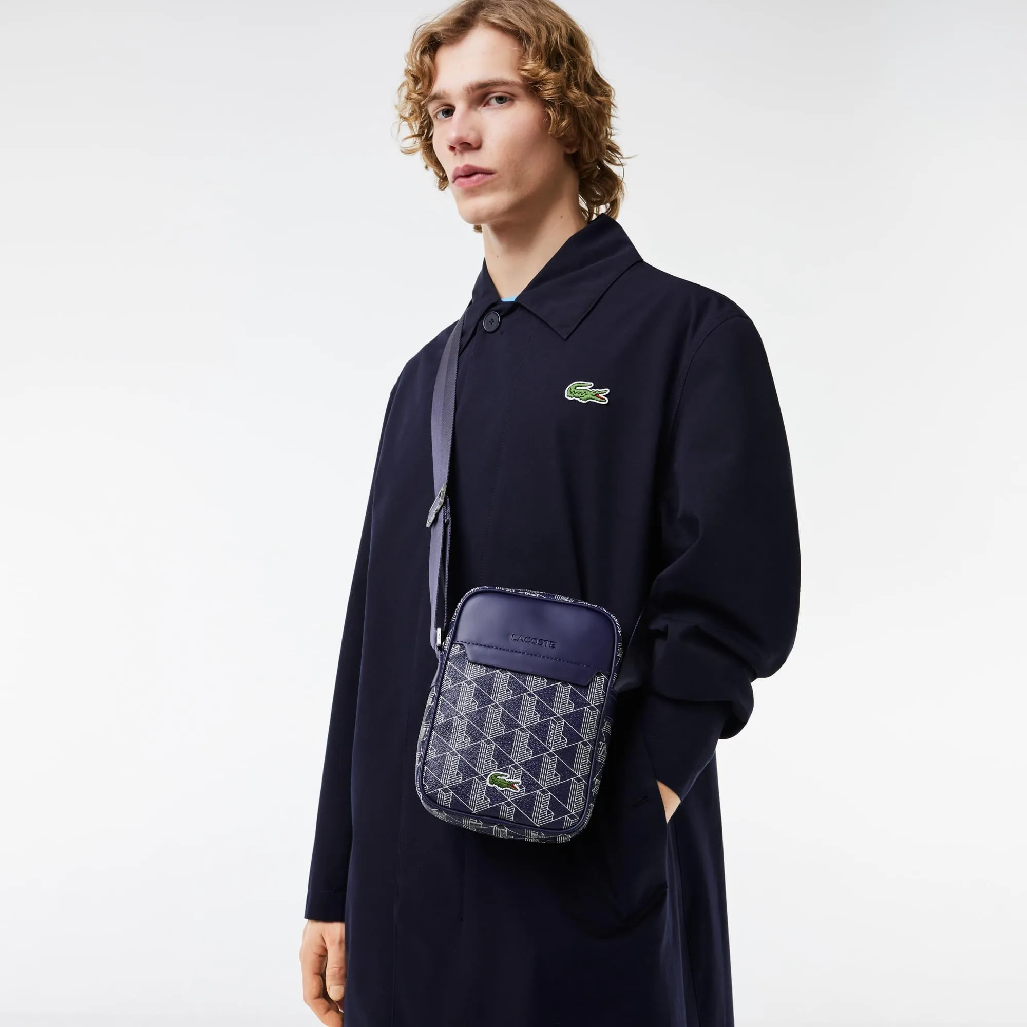 Lacoste Men's Vertical Camera Bag, Silver Chine/White-Navy Blue-Sunny, One
