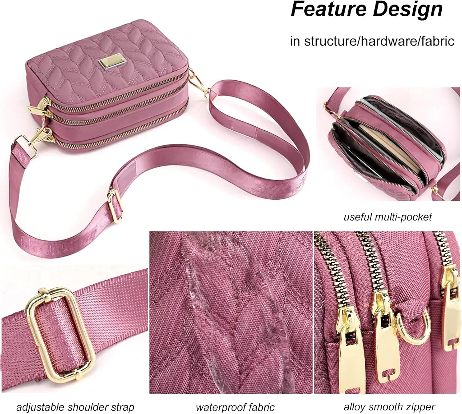 Ladies Girls Crossbody Bag Multi-Pocket Shoulder Bag Waterproof Nylon Handbag Small Cellphone Purse Wallet for Women