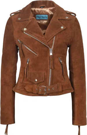 Ladies New BRANDO Women Tan Suede Cool Classic Motorcycle Biker Real Leather Jacket LDS MBF