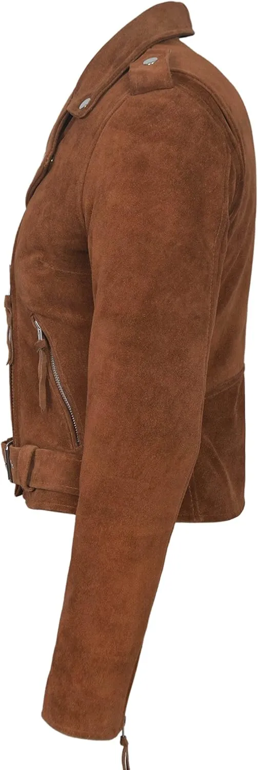 Ladies New BRANDO Women Tan Suede Cool Classic Motorcycle Biker Real Leather Jacket LDS MBF