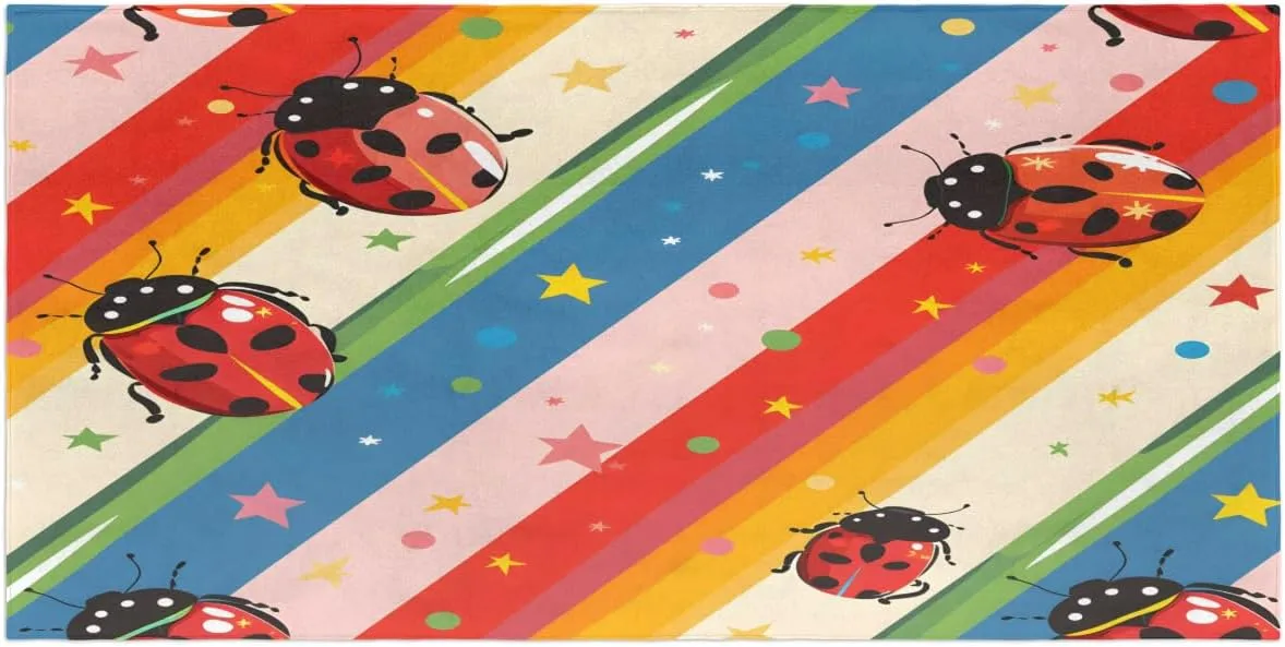 Ladybuges Beach Towel for Kids, 30'' x 60'' Microfiber Beach Towels Red Ladybugs Rainbow Absorbent Quick Dry Sand Proof Oversized Large Towel for Swim Pool Camping