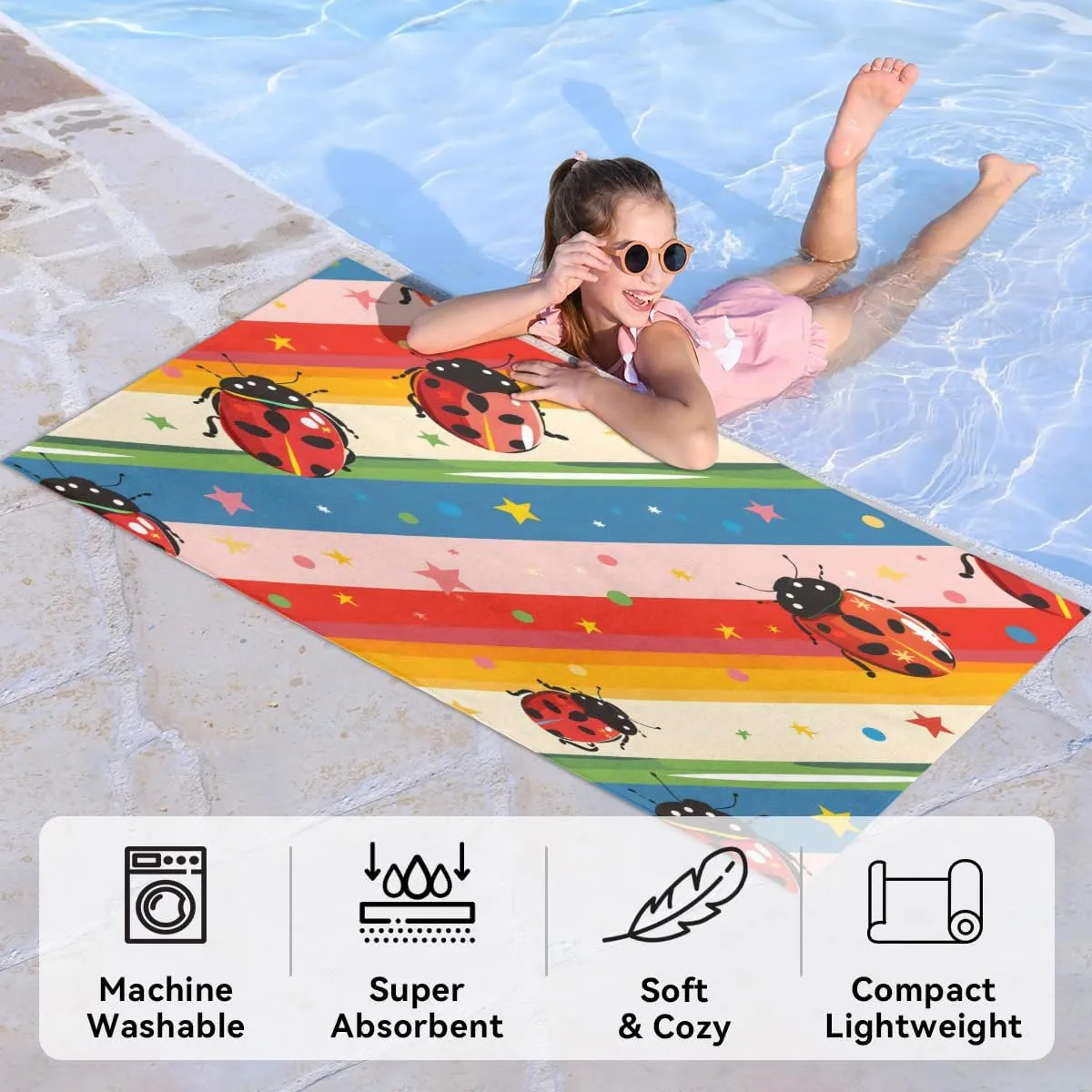 Ladybuges Beach Towel for Kids, 30'' x 60'' Microfiber Beach Towels Red Ladybugs Rainbow Absorbent Quick Dry Sand Proof Oversized Large Towel for Swim Pool Camping