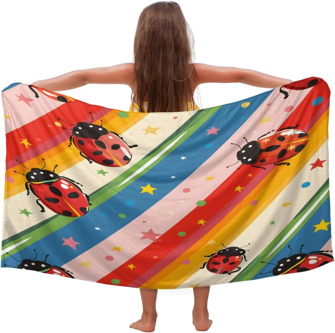 Ladybuges Beach Towel for Kids, 30'' x 60'' Microfiber Beach Towels Red Ladybugs Rainbow Absorbent Quick Dry Sand Proof Oversized Large Towel for Swim Pool Camping