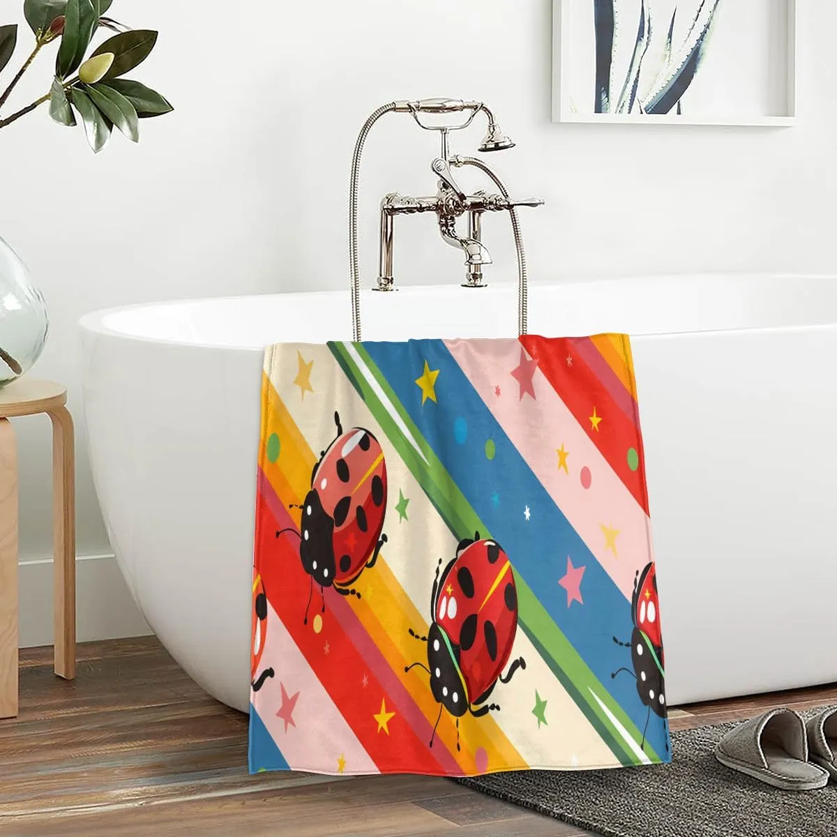 Ladybuges Beach Towel for Kids, 30'' x 60'' Microfiber Beach Towels Red Ladybugs Rainbow Absorbent Quick Dry Sand Proof Oversized Large Towel for Swim Pool Camping