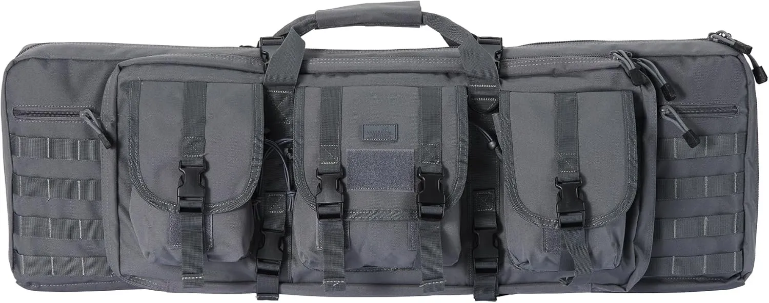 Lancer Tactical 600 Denier Polyester Double Carbine Soft Case Accessory Pouches MOLLE Webbing Secondary Gun Compartment Quick Detach Buckles Inner Storage Backpack Straps (DISRUPTIVE GRAY)