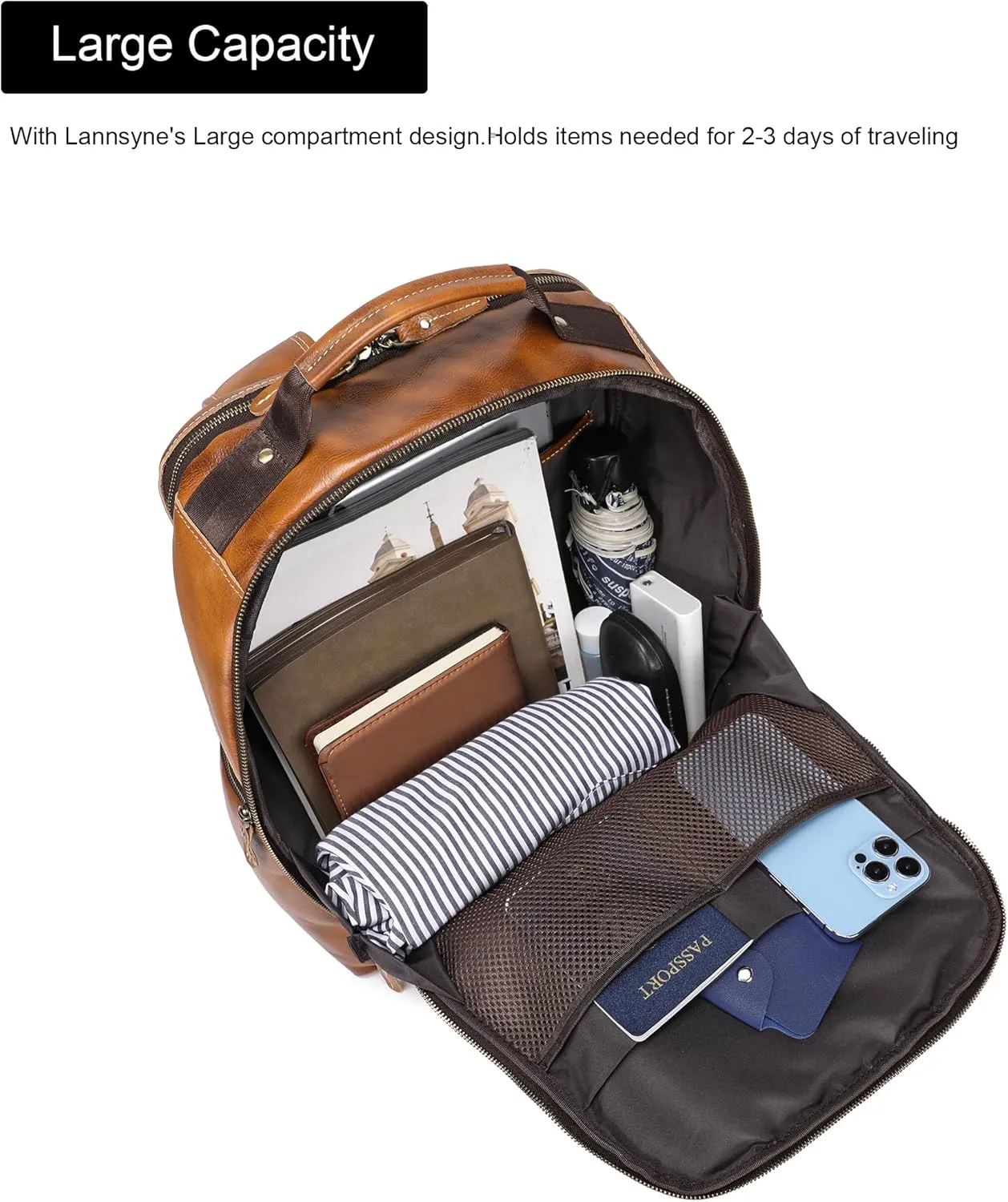 LANNSYNE Vintage Full Grain Leather Backpack For Men, 17.3'' Laptop Bag Causal Rucksack Shoulder Bag Overnight For Business/Travel/Camping
