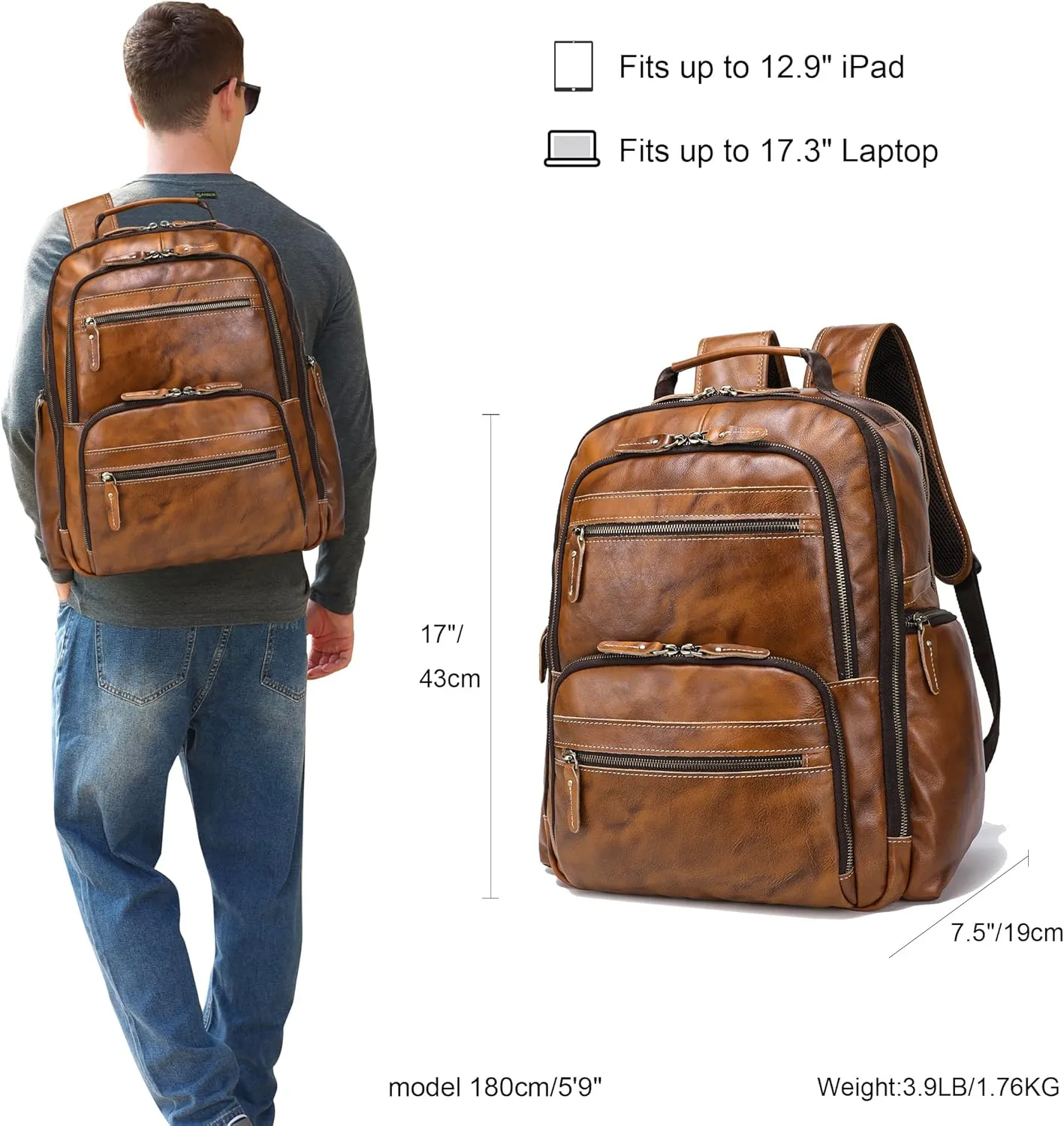LANNSYNE Vintage Full Grain Leather Backpack For Men, 17.3'' Laptop Bag Causal Rucksack Shoulder Bag Overnight For Business/Travel/Camping