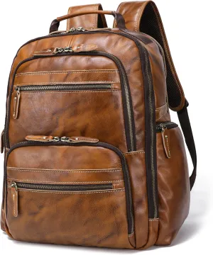 LANNSYNE Vintage Full Grain Leather Backpack For Men, 17.3'' Laptop Bag Causal Rucksack Shoulder Bag Overnight For Business/Travel/Camping