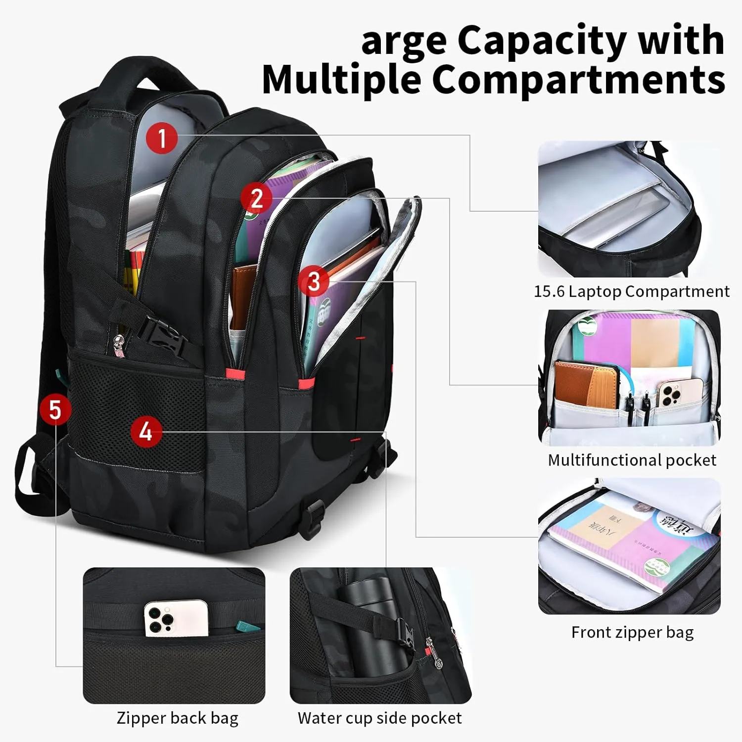 Laptop Backpack, Business Travel Backpack with Charging Slit for Men Womens, Anti Theft Water Resistant Computer Backpack Fits 15-17 Inch Laptop and Notebook black camouflage school bags