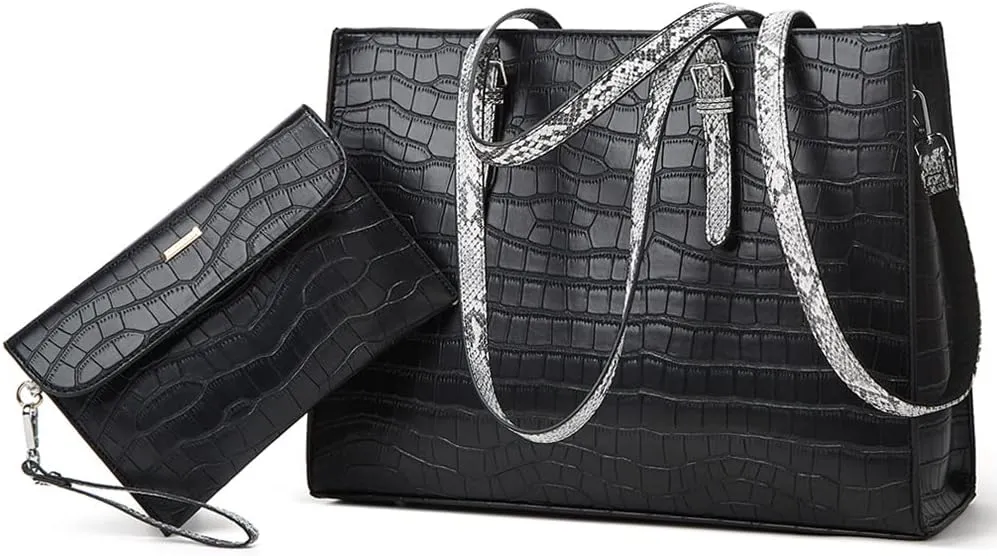 Laptop Bag for Women 15.6 inch Laptop Tote Bag Leather Classy Computer Briefcase for Work Waterproof Handbag 2pcs Set