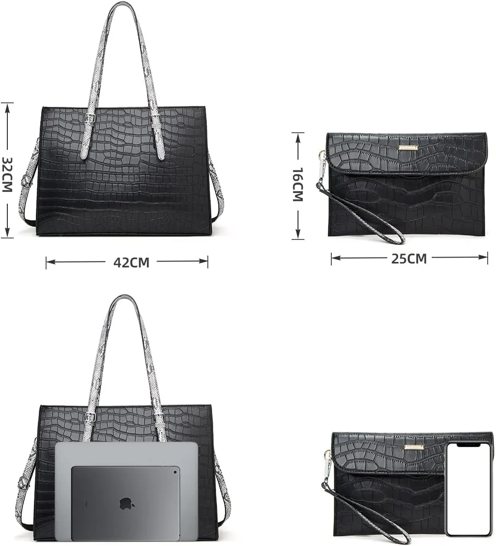 Laptop Bag for Women 15.6 inch Laptop Tote Bag Leather Classy Computer Briefcase for Work Waterproof Handbag 2pcs Set