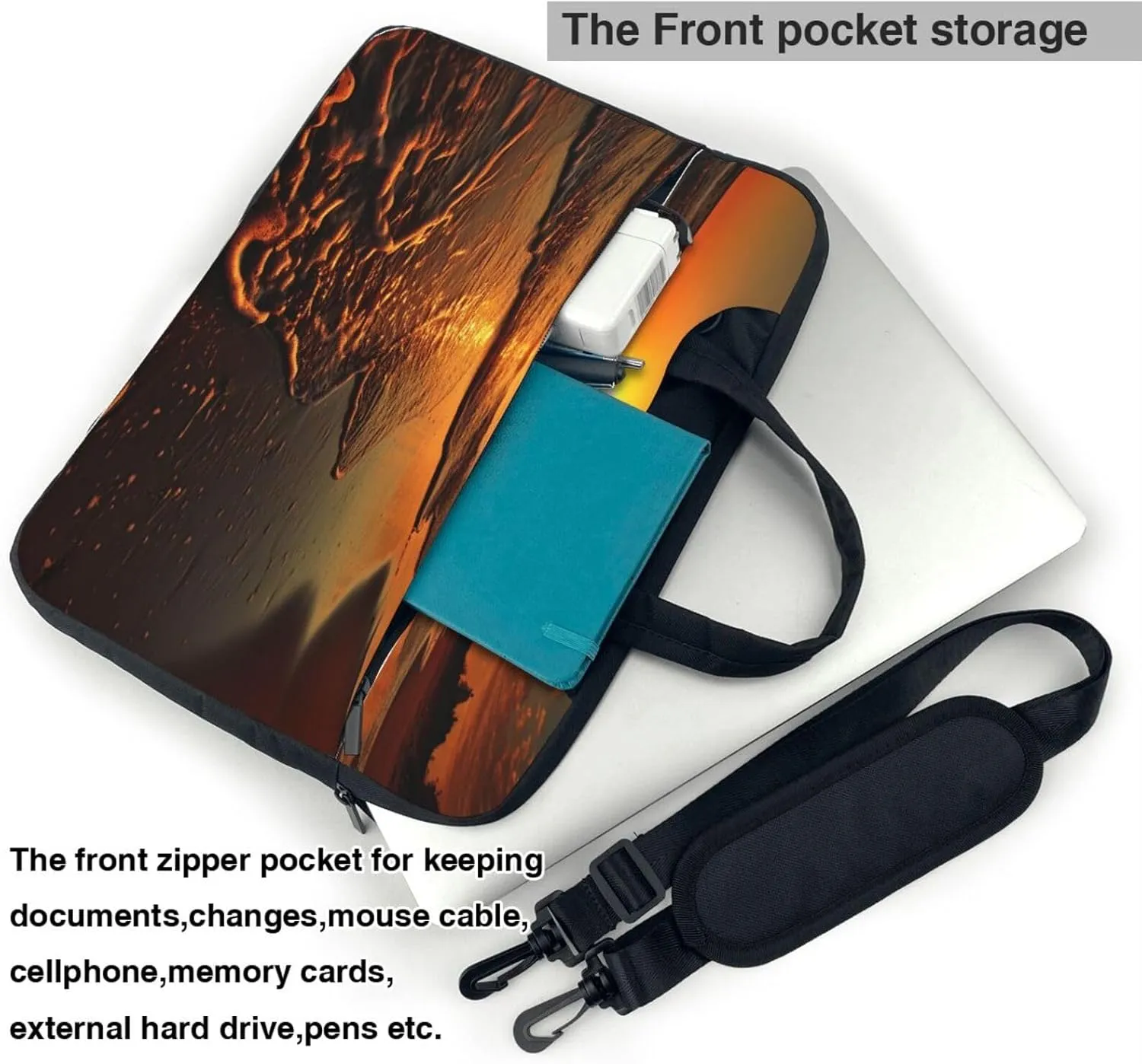 Laptop Sleeve Bag Shockproof Notebook Case Orange Sunrise Beach Computer Carrying Case with Shoulder Strap 14 inch