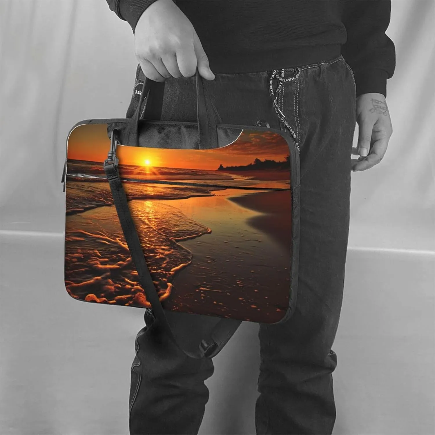 Laptop Sleeve Bag Shockproof Notebook Case Orange Sunrise Beach Computer Carrying Case with Shoulder Strap 14 inch