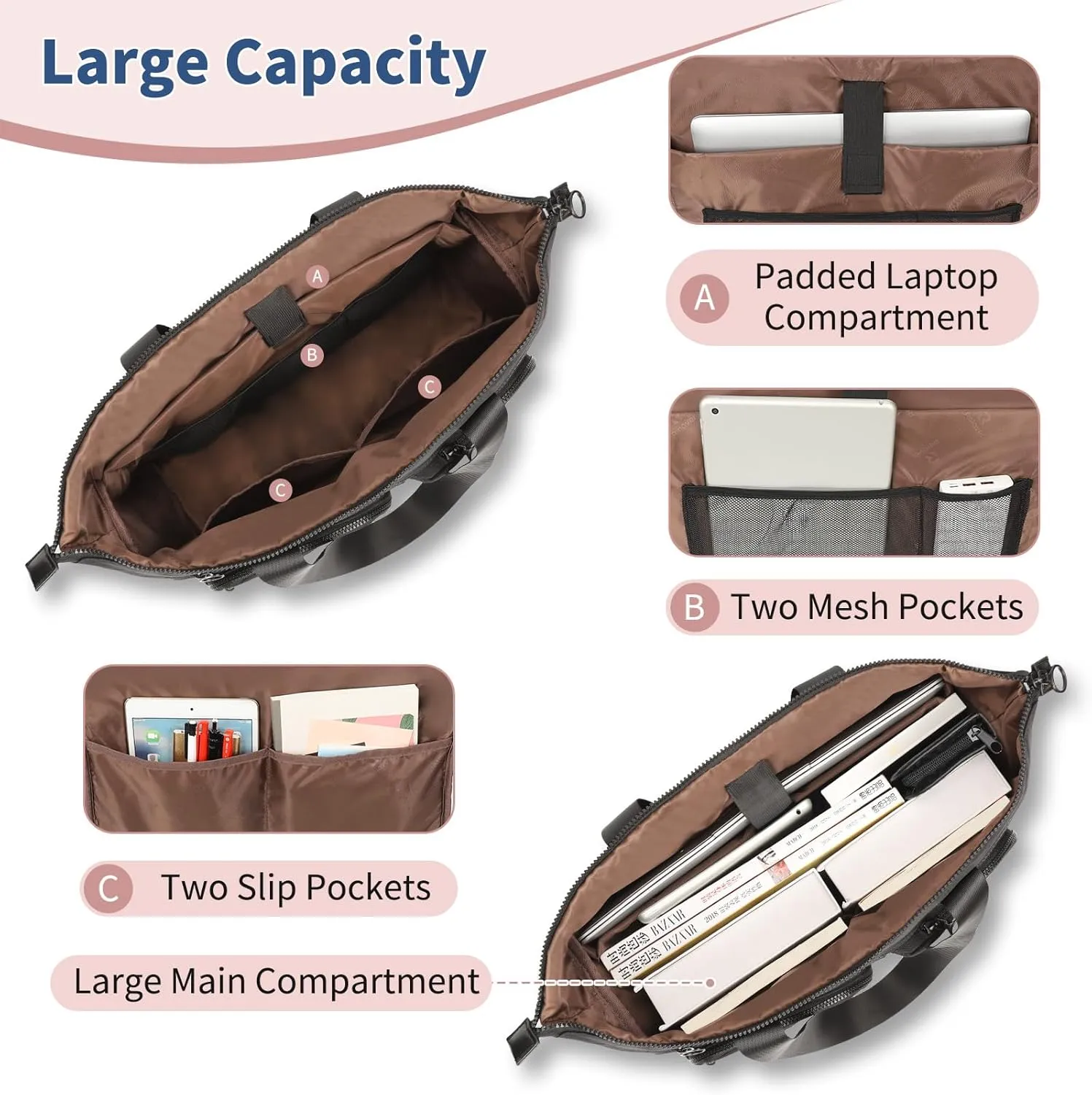 Laptop Tote Bag for Women, 15.6 inch Laptop Bag, Large Capacity Teacher Tote Bag, Lightweight Work Bags for Women with Multi Pockets, Computer Messenger Shoulder Bag Handbag Business Office Work Bag