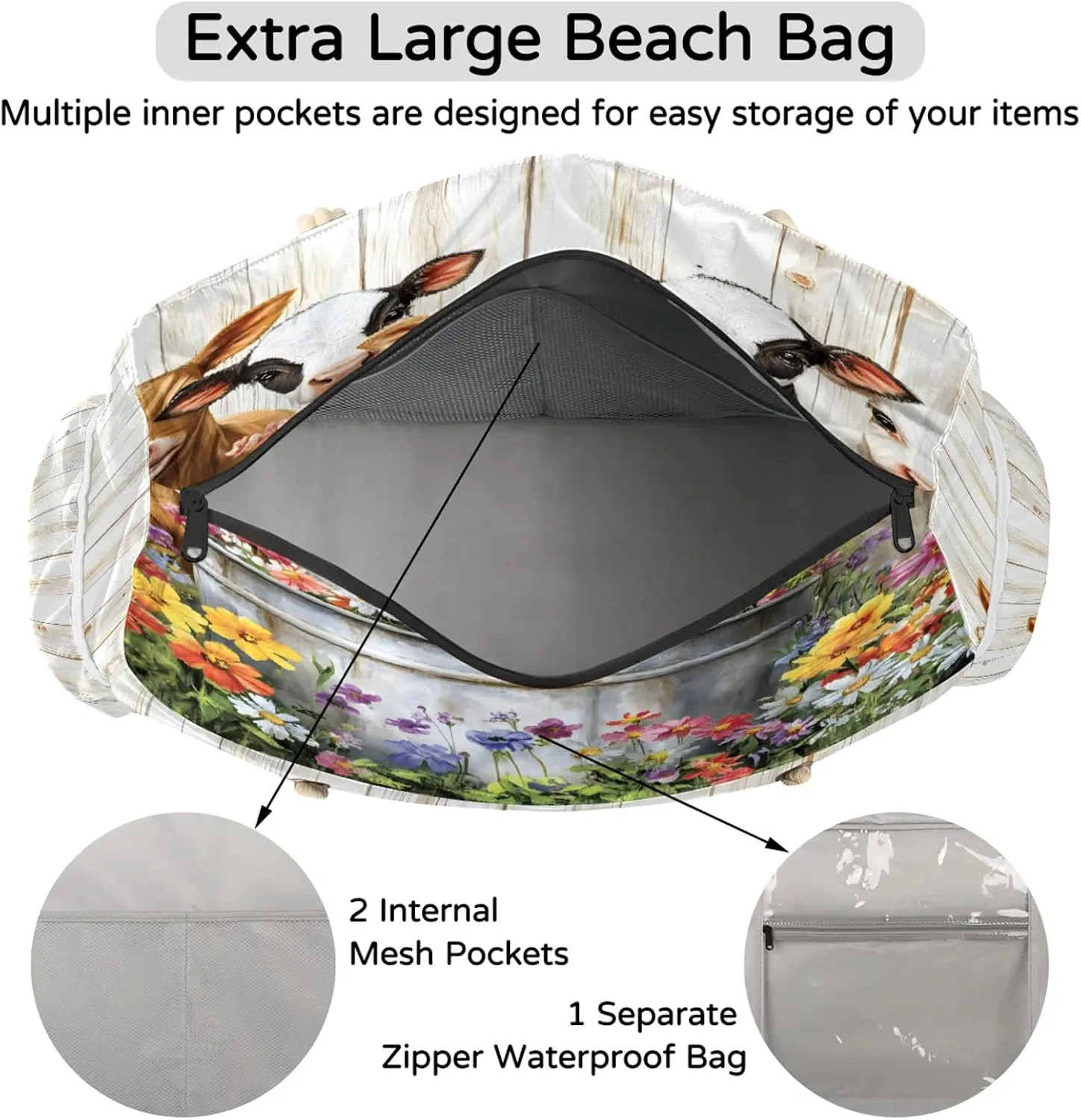 Large Beach Bags for Women with Zipper Beach Tote Bag Waterproof Sandproof Gym Swim Pool Grocery Travel Bag