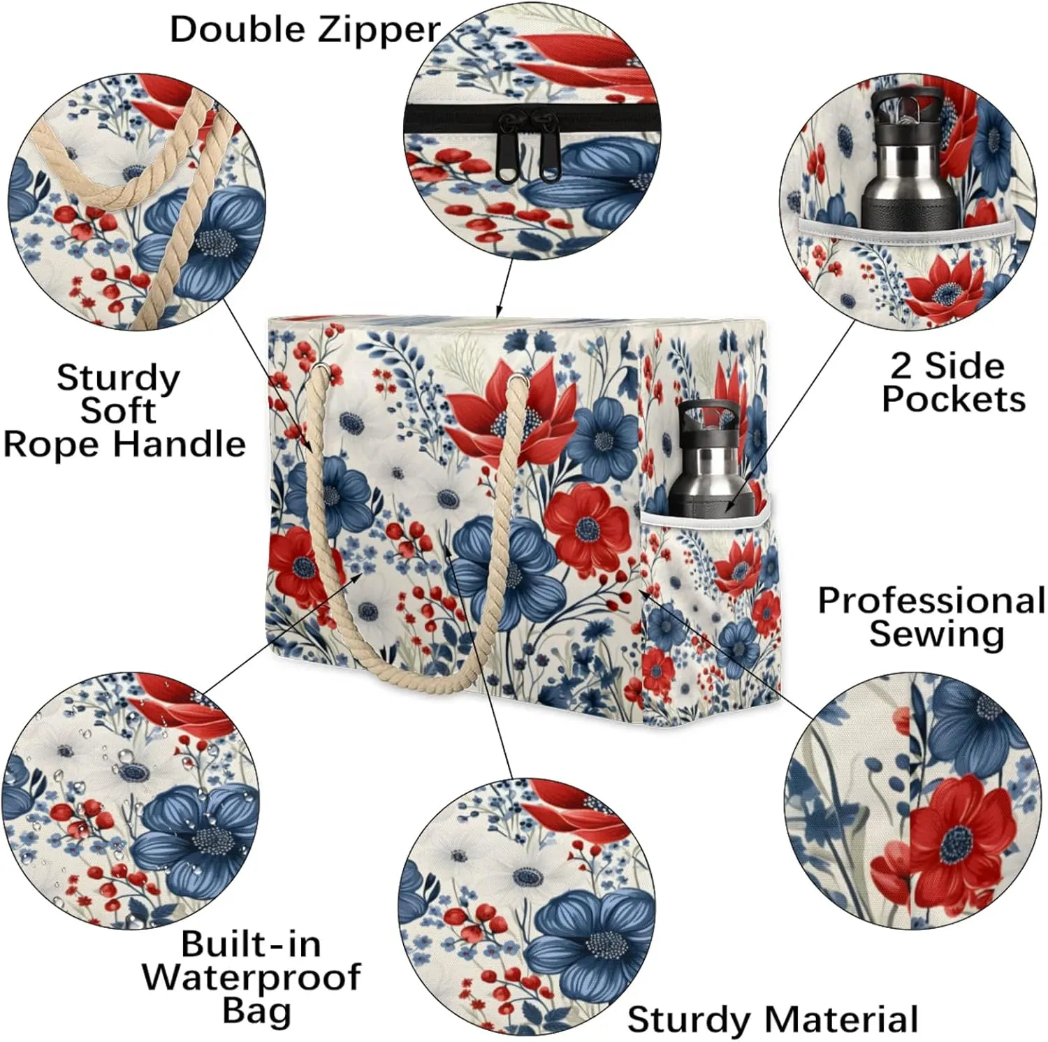 Large Beach Tote Bags for Women, Waterproof Beach Bag with Zipper, Swim Pool Tote Bags
